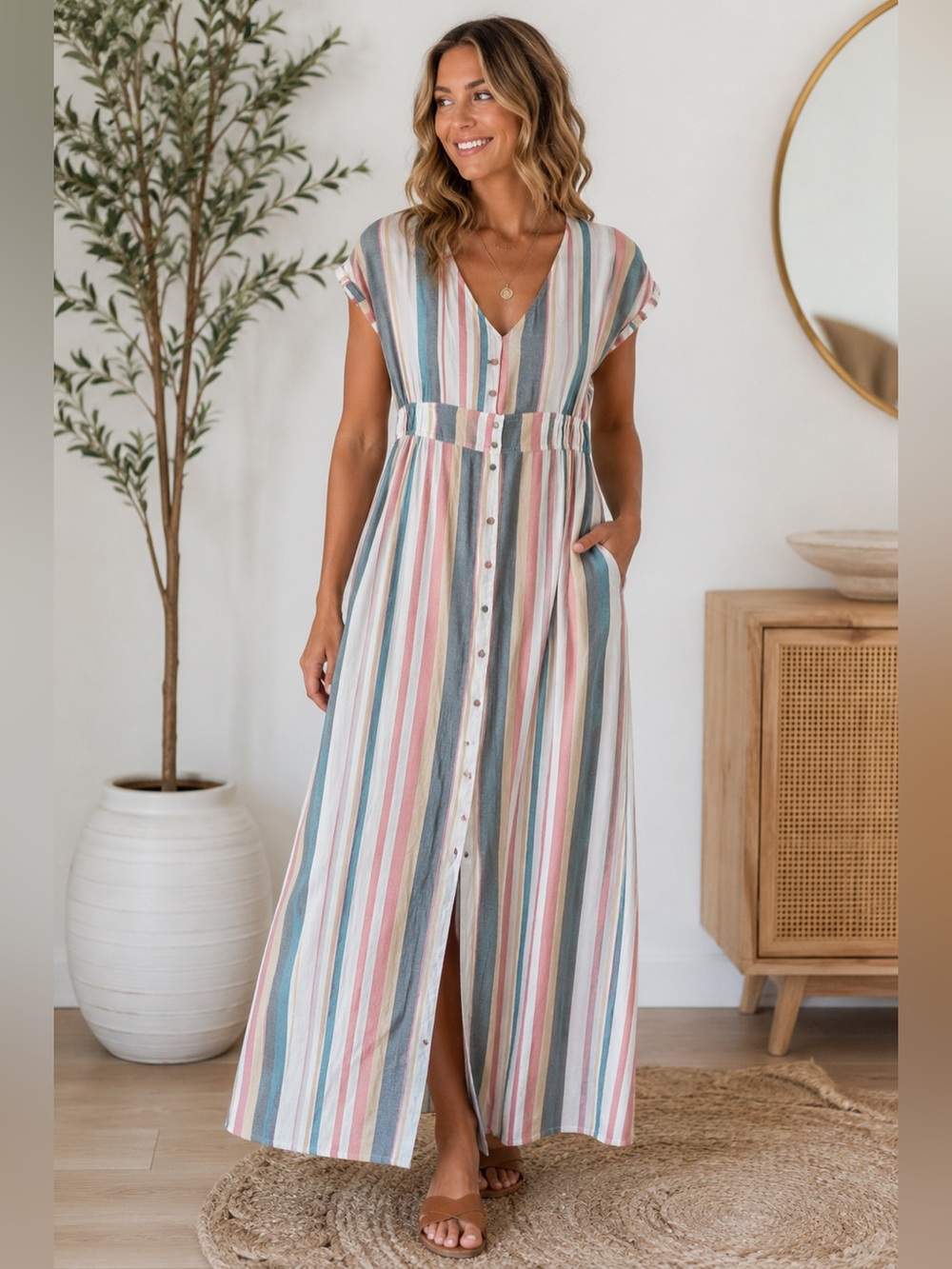 Roxy Striped Button Front Maxi Dress | Cotton Viscose | Size Large